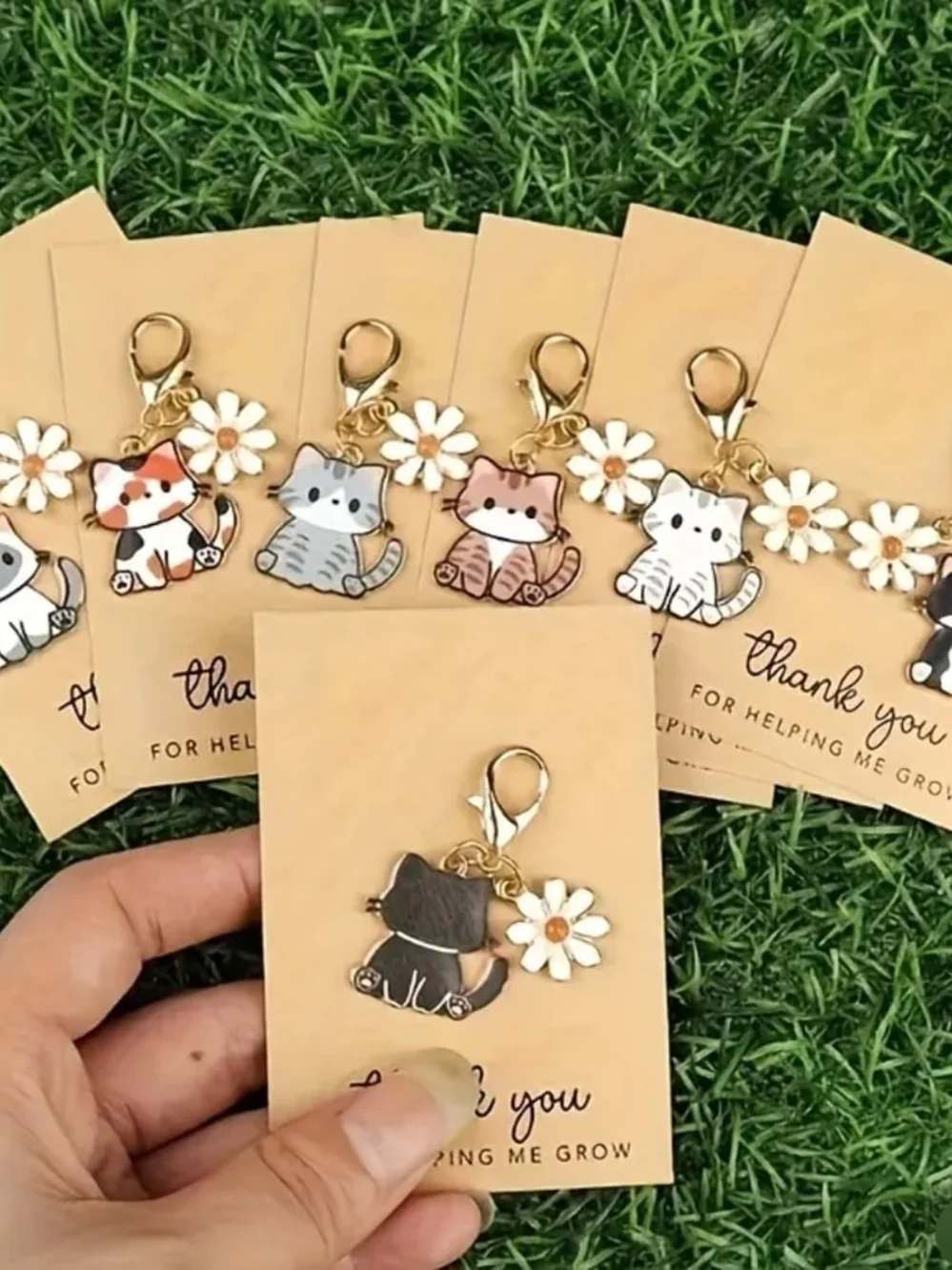 Cute Gray Cat and Daisy Pet Collar Charm - Gold Hardware
